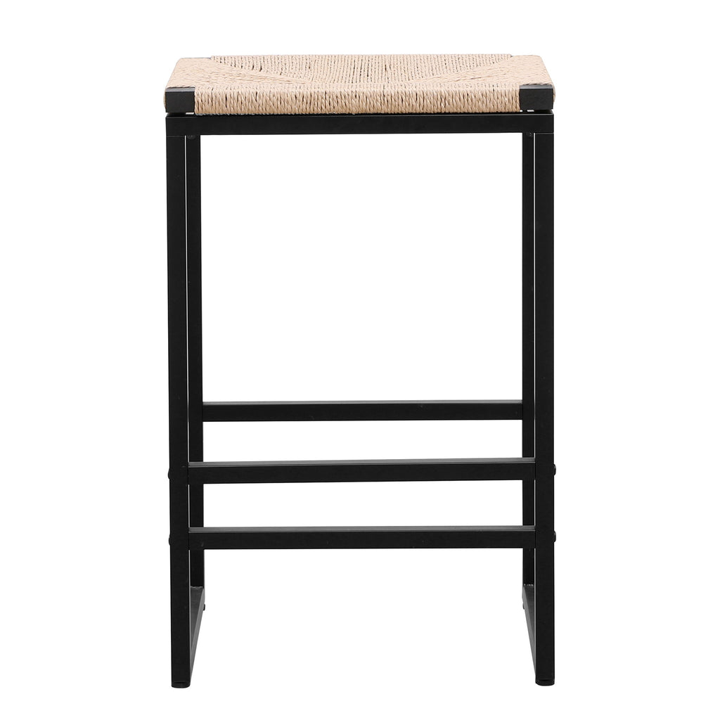 Boho Style Backless Bar Stools (Set of 2) With Paper Rope Woven Seat & Metal Frame For Kitchen Counter