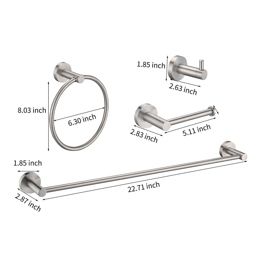 Bathroom Set 4 Pack With Towel Bar Racks, Toilet Paper Holder, Ring, Hook, Stainless Steel - Brushed Nickel