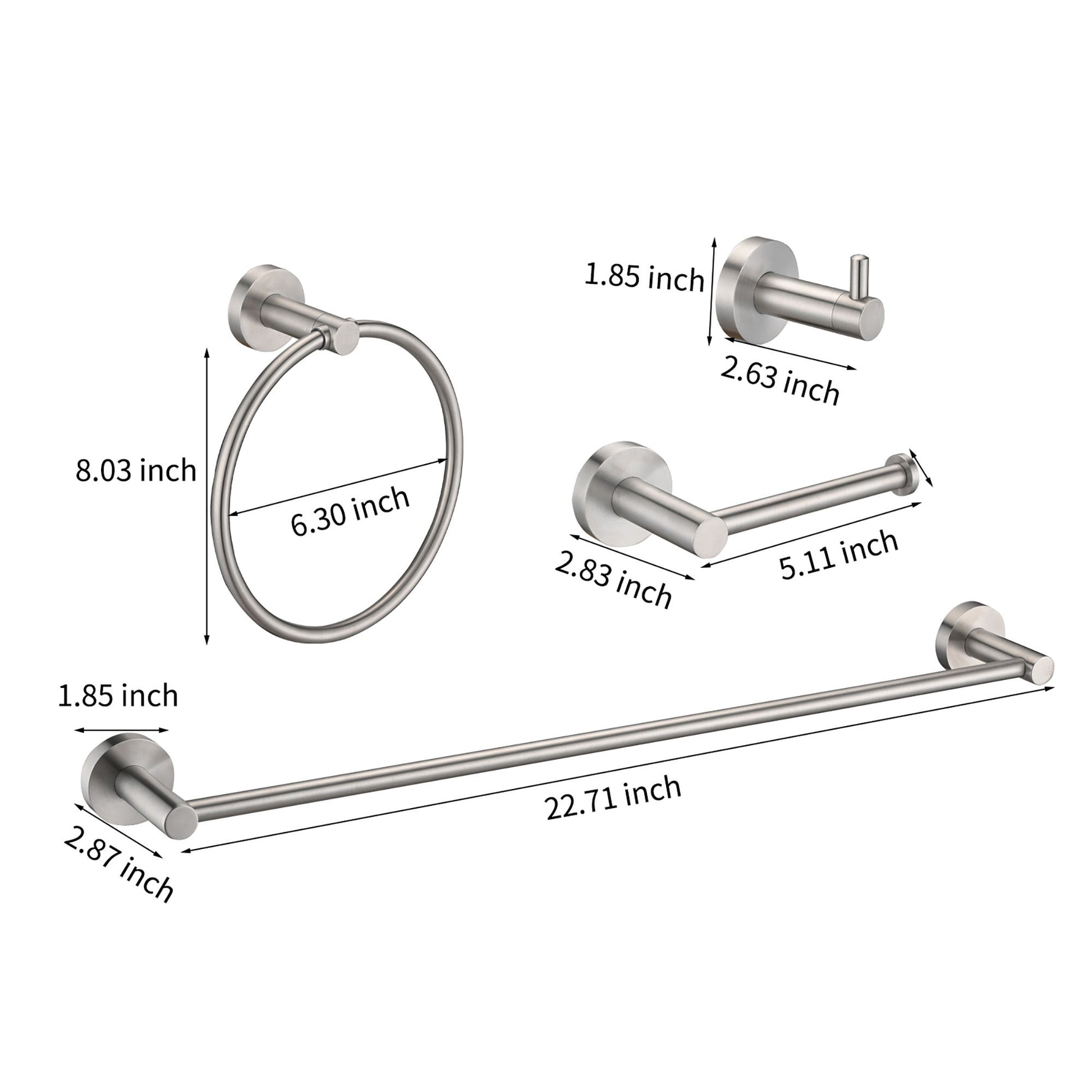 Bathroom Set 4 Pack With Towel Bar Racks, Toilet Paper Holder, Ring, Hook, Stainless Steel - Brushed Nickel