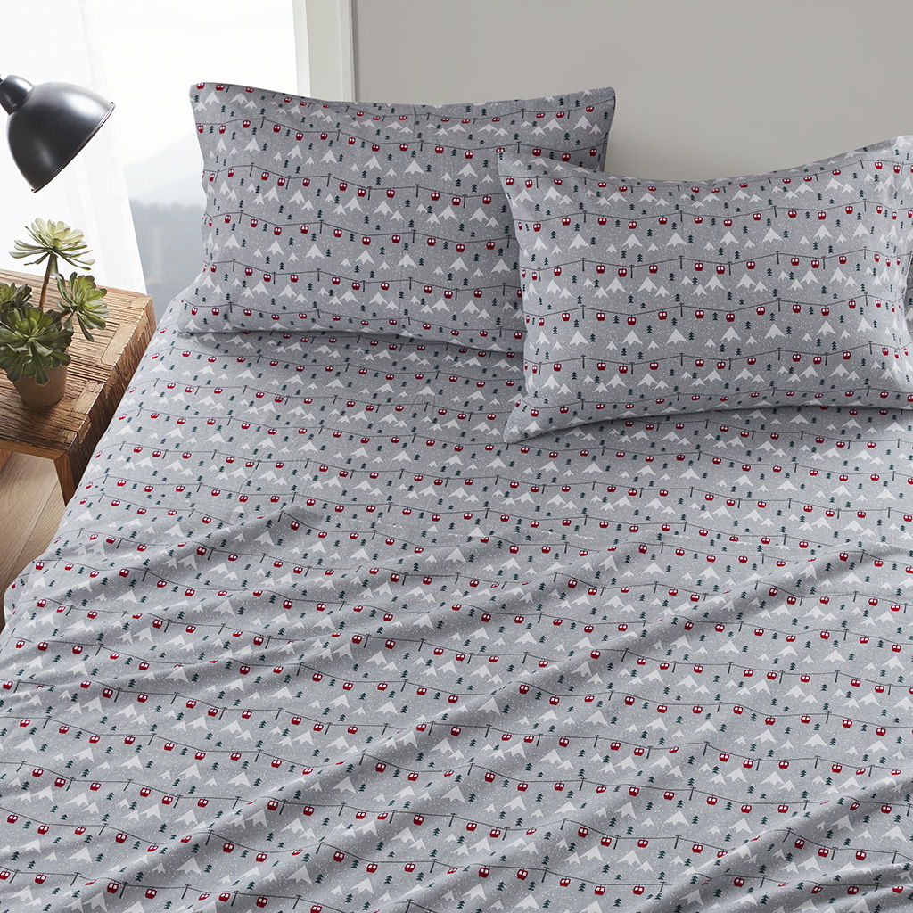 Flannel - 4 Piece California King Sheet Set - Gray Ski Jump