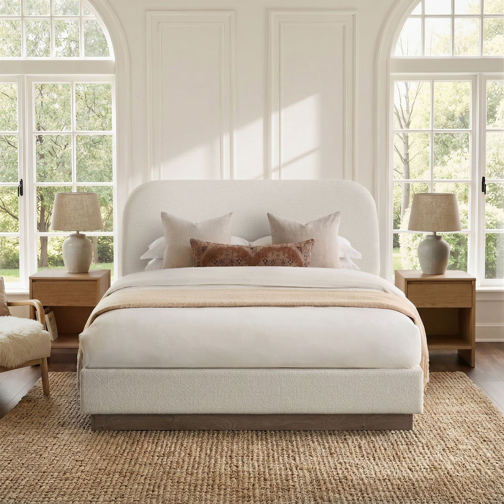Linton - Queen Size Upholstered Platform Bed - Cream White / Light Grey / Camel Oak