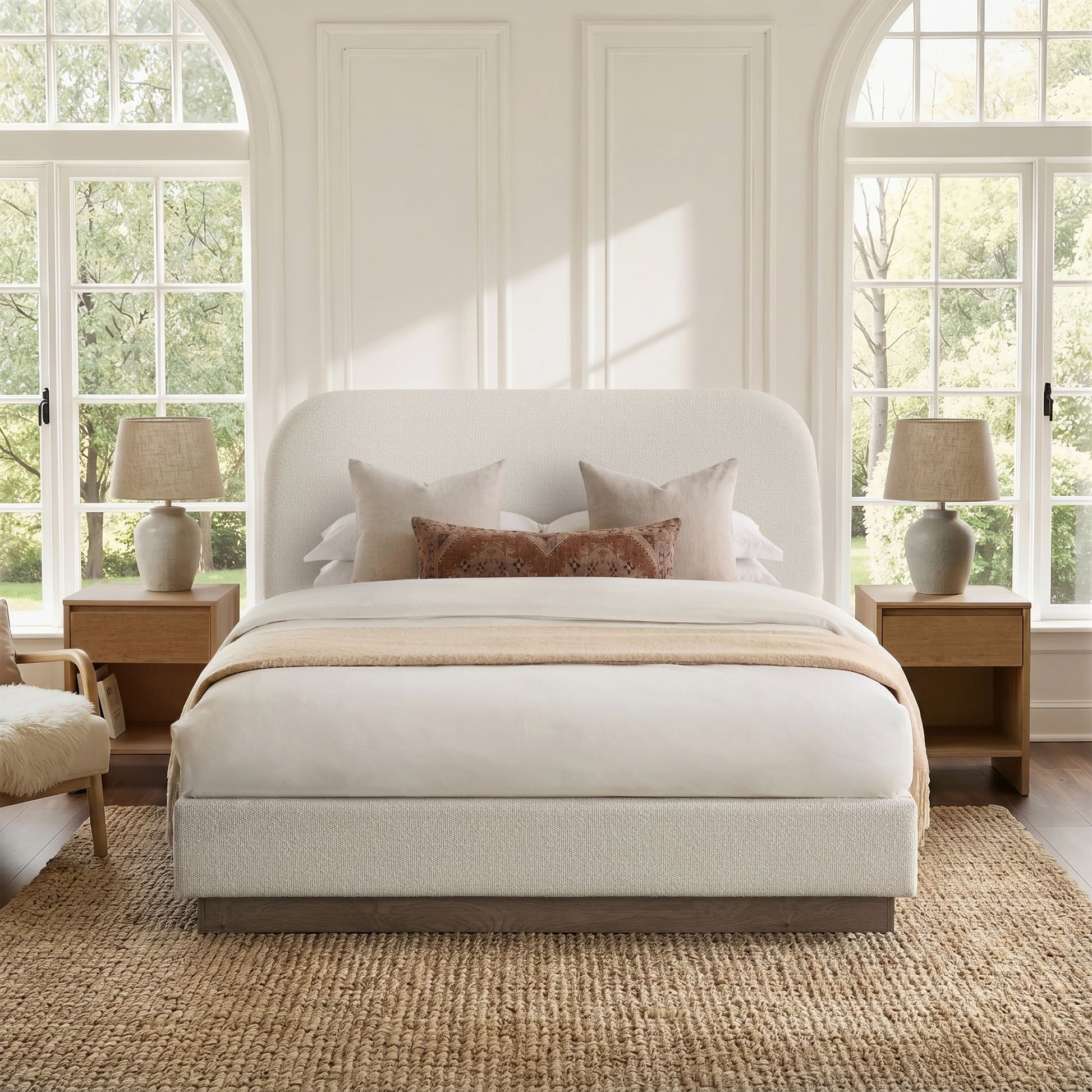 Linton - Queen Size Upholstered Platform Bed - Cream White / Light Grey / Camel Oak