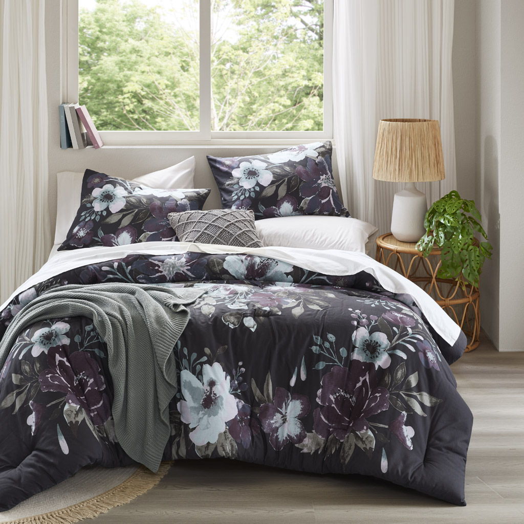 Jolene - 3 Piece Full/Queen Printed Comforter Set - Dark Gray/Plum