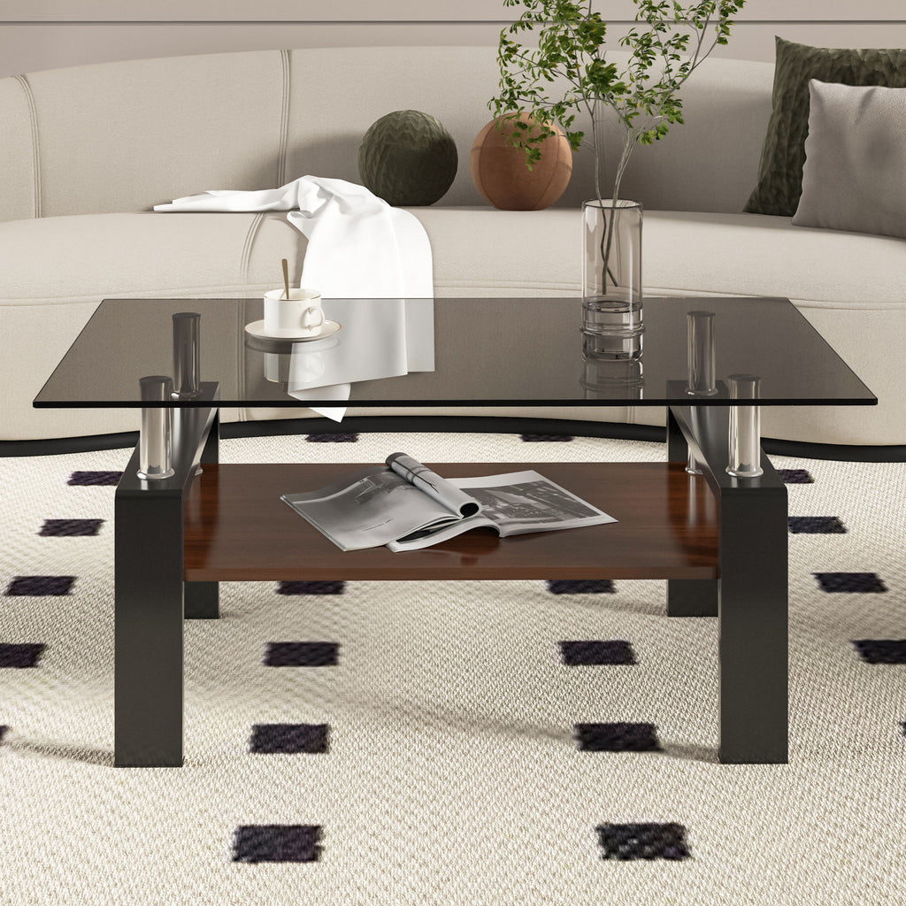 Modern Rectangular Coffee Table With Tempered Transparent Glass Top And Storage Shelf