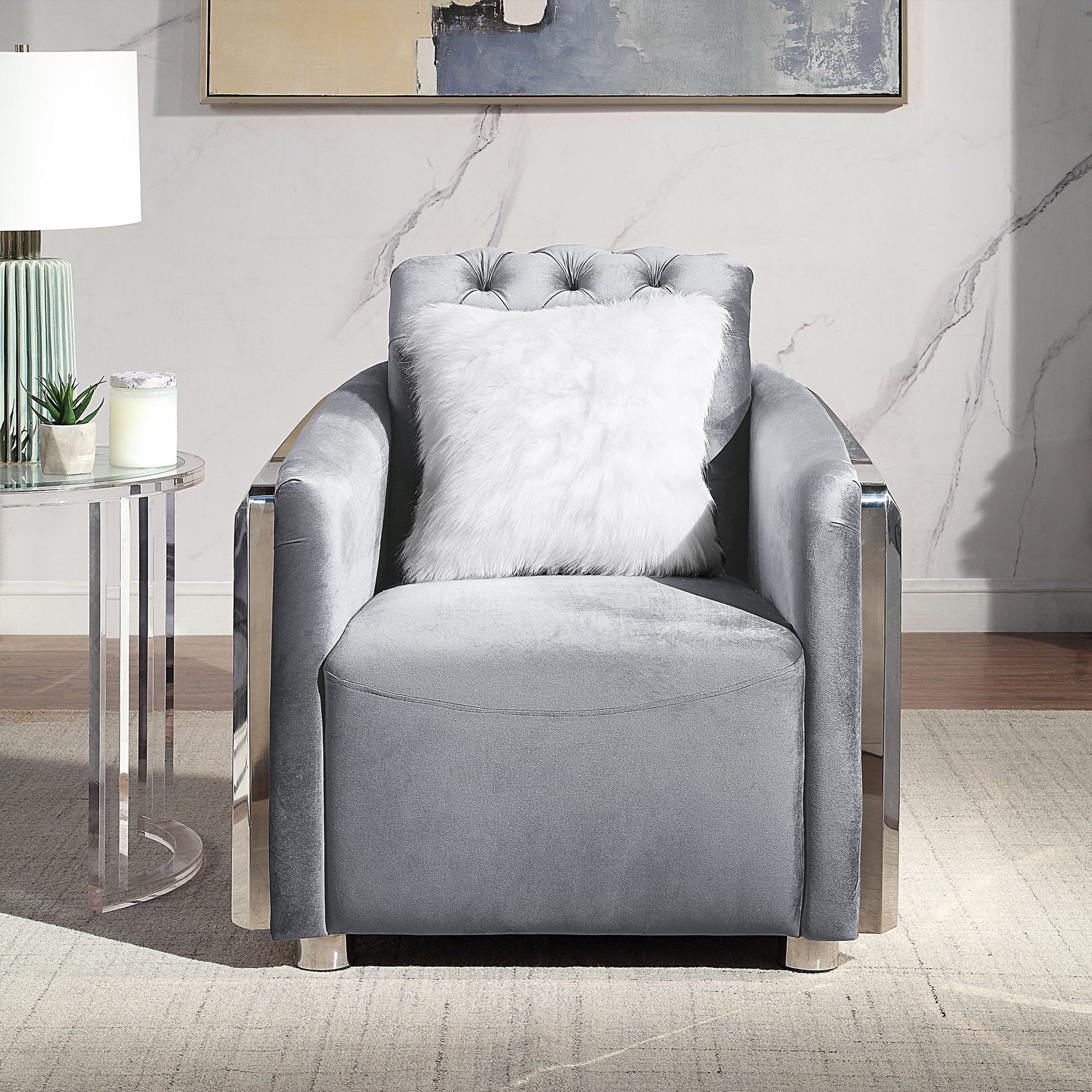 Accent Chair With Button Tufted Diamond Grid & 1 Pillow For Living Room