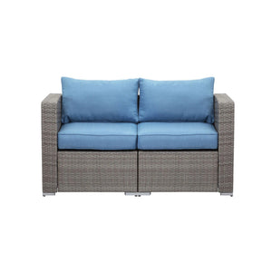 2 Piece Patio Loveseat Set With Thick Cushions, Outdoor Sectional Sofa For Balcony - Blue / Brown