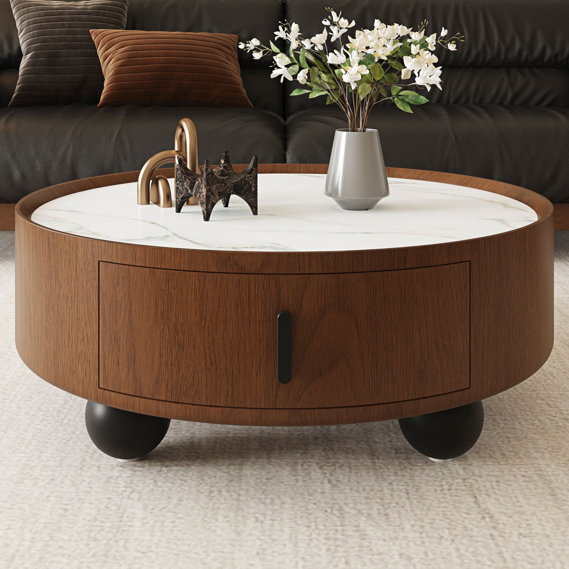 Round Coffee Table With Ball Feet, Pull Handle Storage Drawer - Bouguer Walnut / Brown