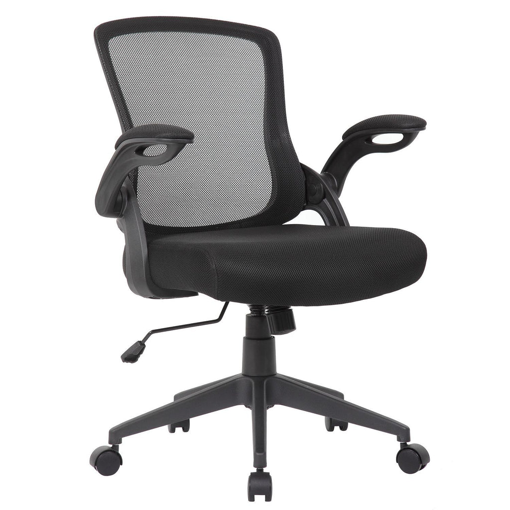 Office Chair & Mid Back Design, Adjustable Height And Foldable Armrests - Black