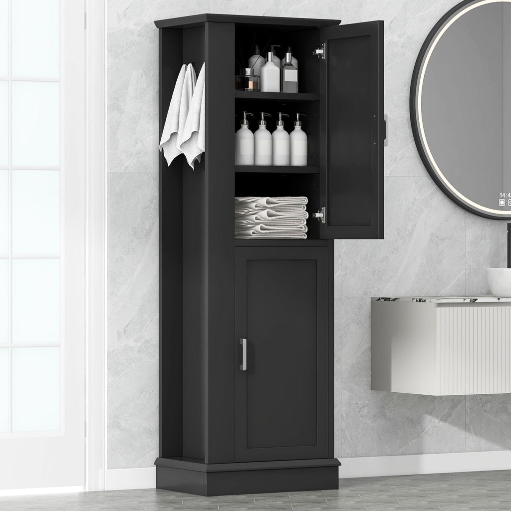 Tall Freestanding Bathroom Storage Cabinet With Adjustable Shelves And Side Hooks