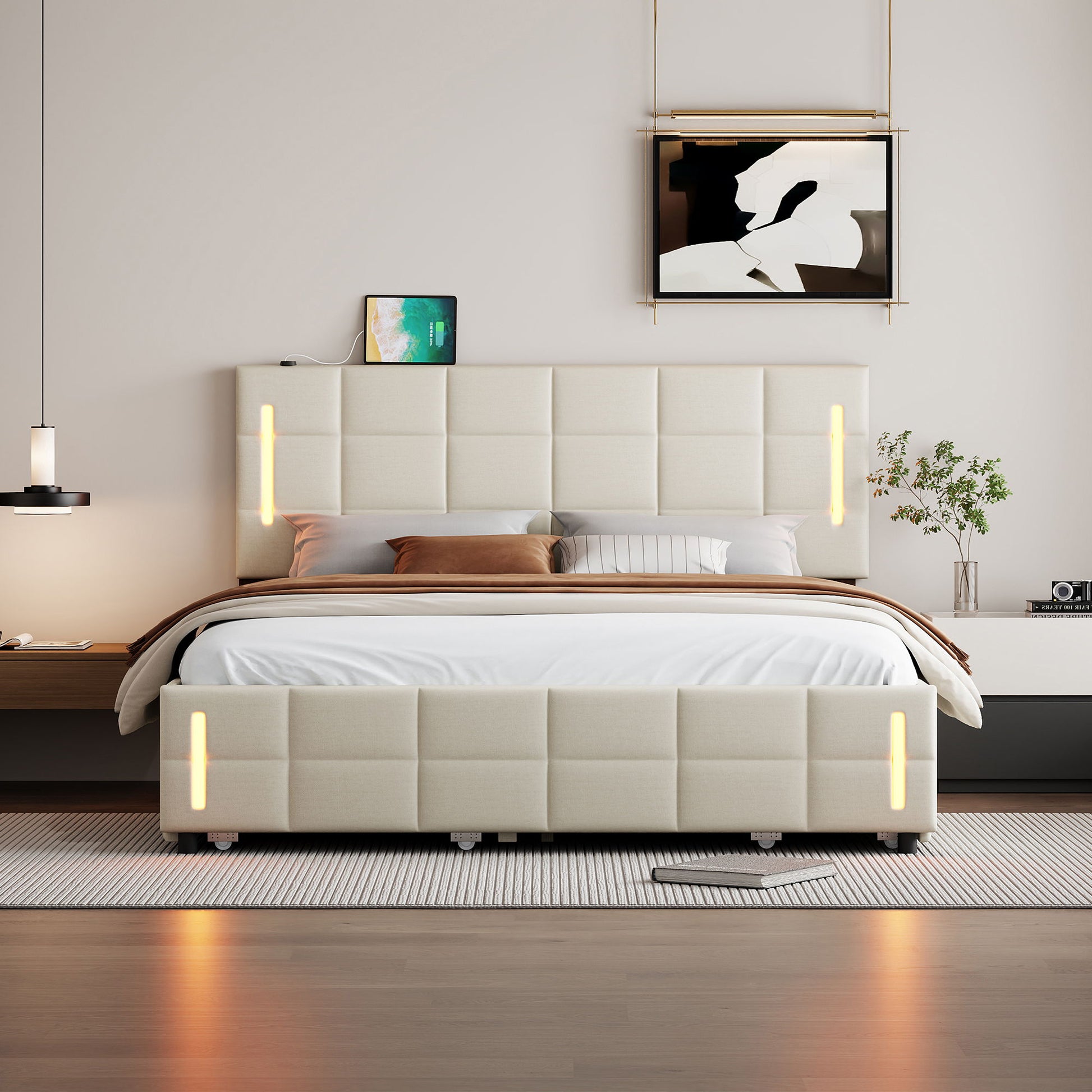 Upholstered Platform Bed With Trundle & Drawers