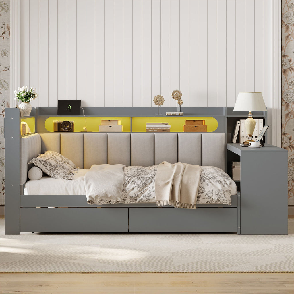 Daybed With Upholstered Headboard, Storage Shelves, Drawers, Charging Station, LED Light, And Adjustable Desk