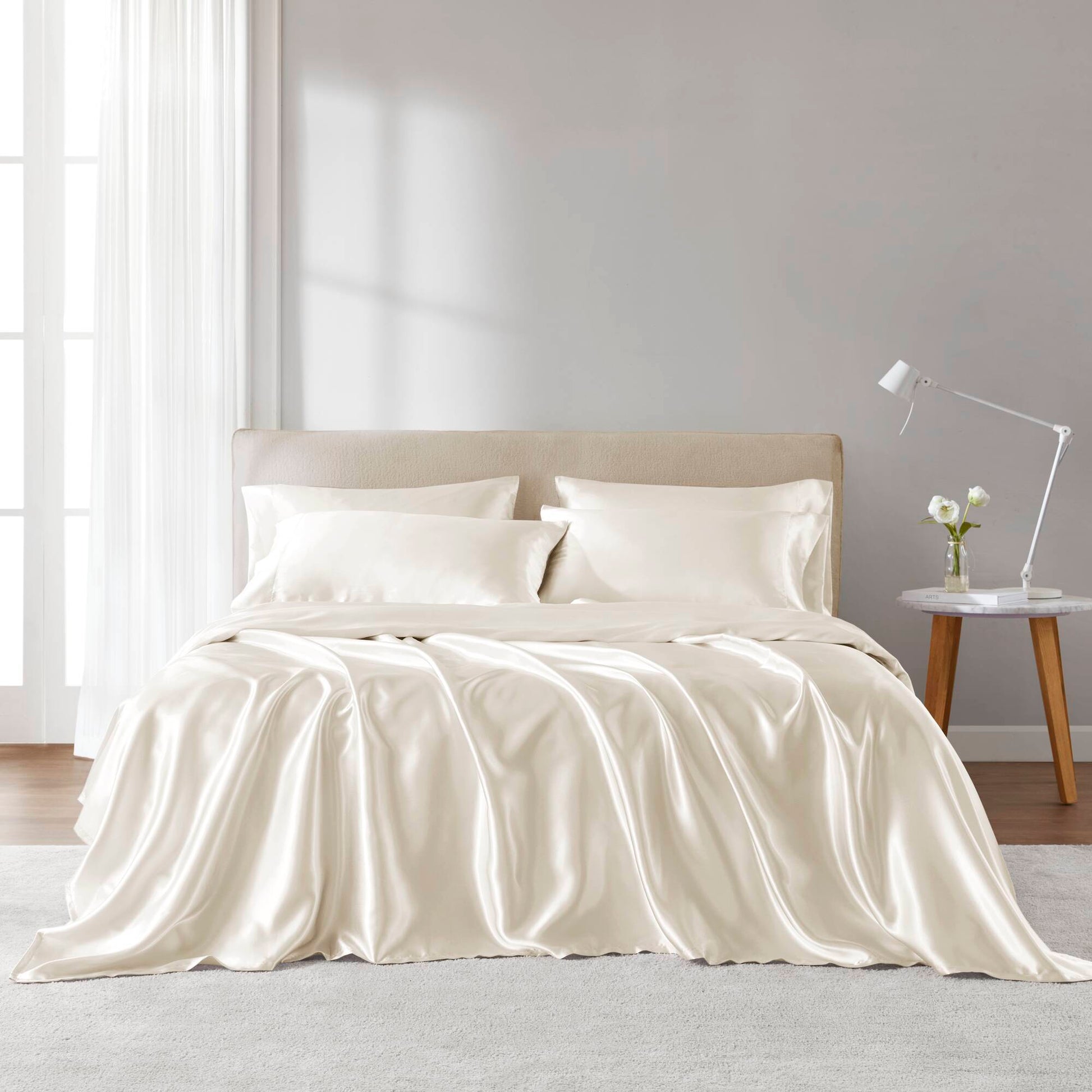 Satin - California King Wrinkle - Free Luxurious 6 Piece Sheet Set - Ivory