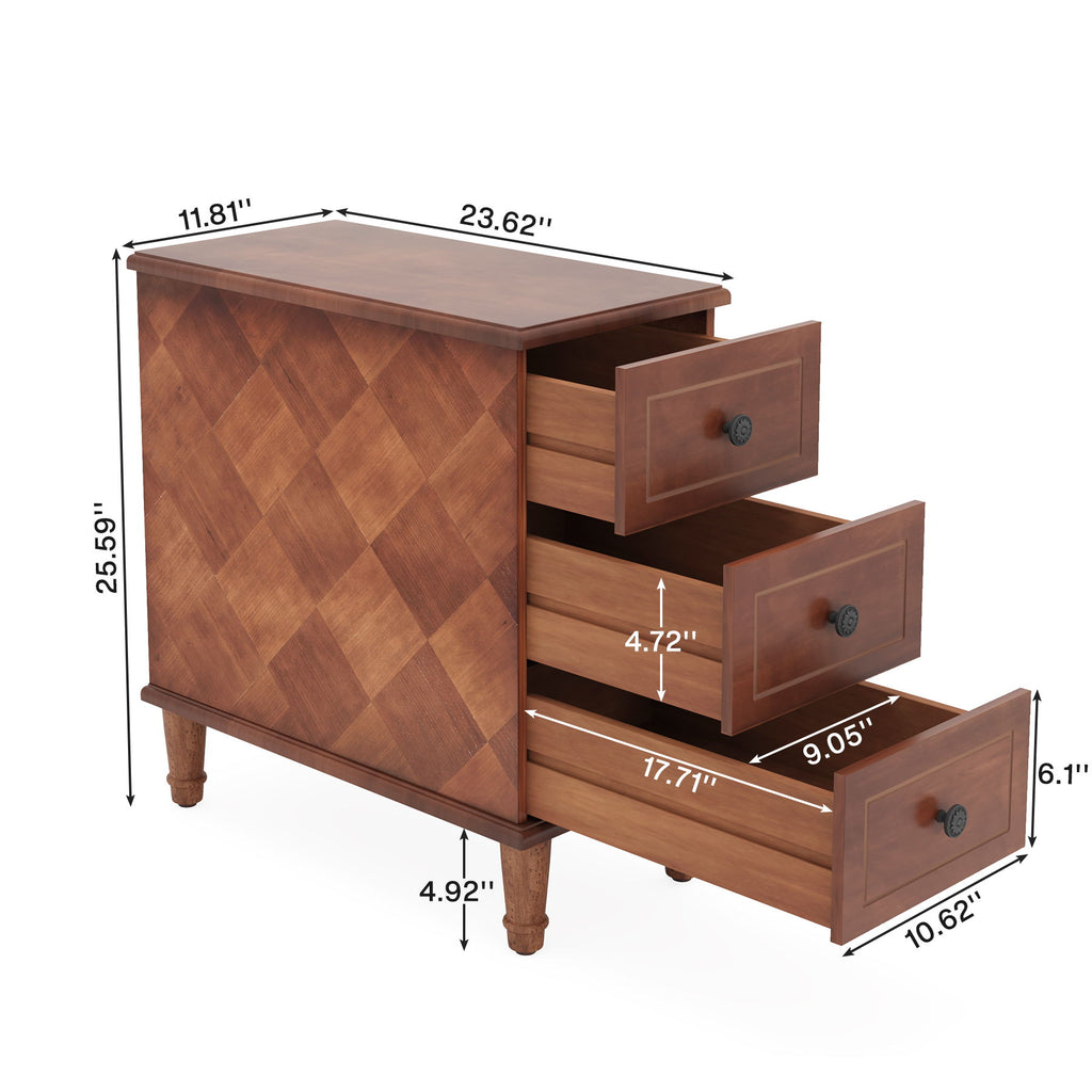Narrow End Table With 3 Drawers, Compact Design For Small Spaces - Brown
