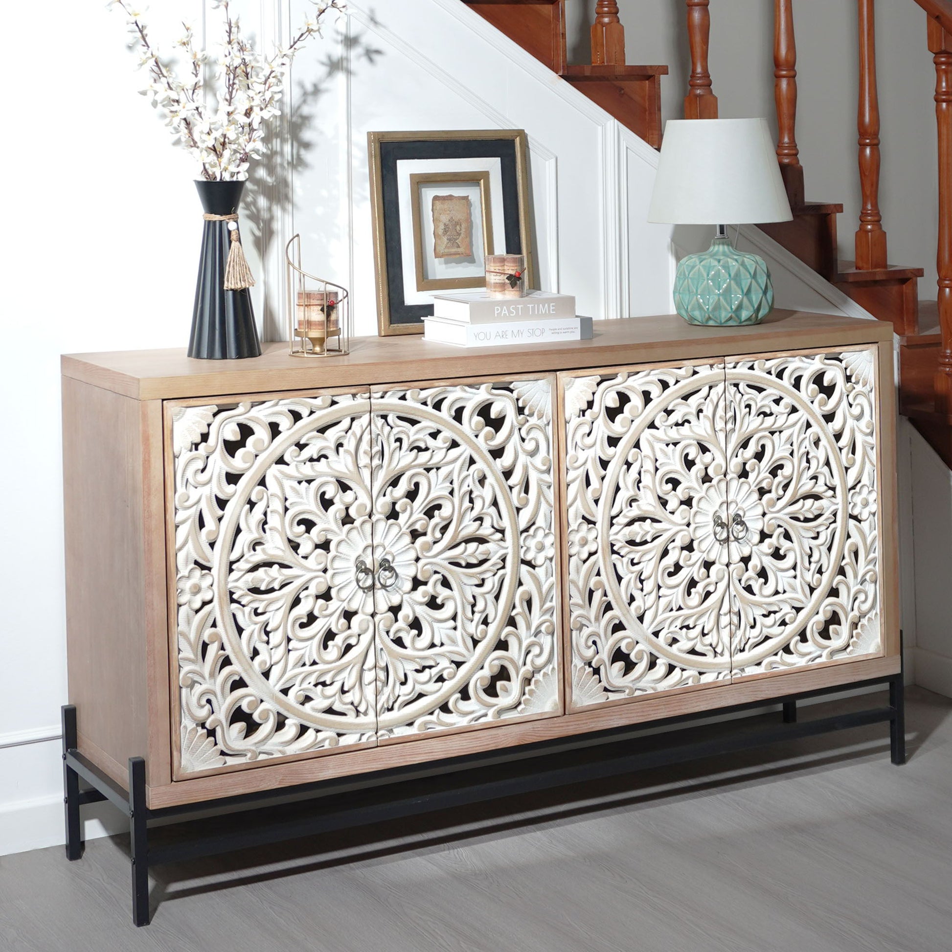 Carved 4 Door Cabinet, Storage Sideboard For Living Room - Multi