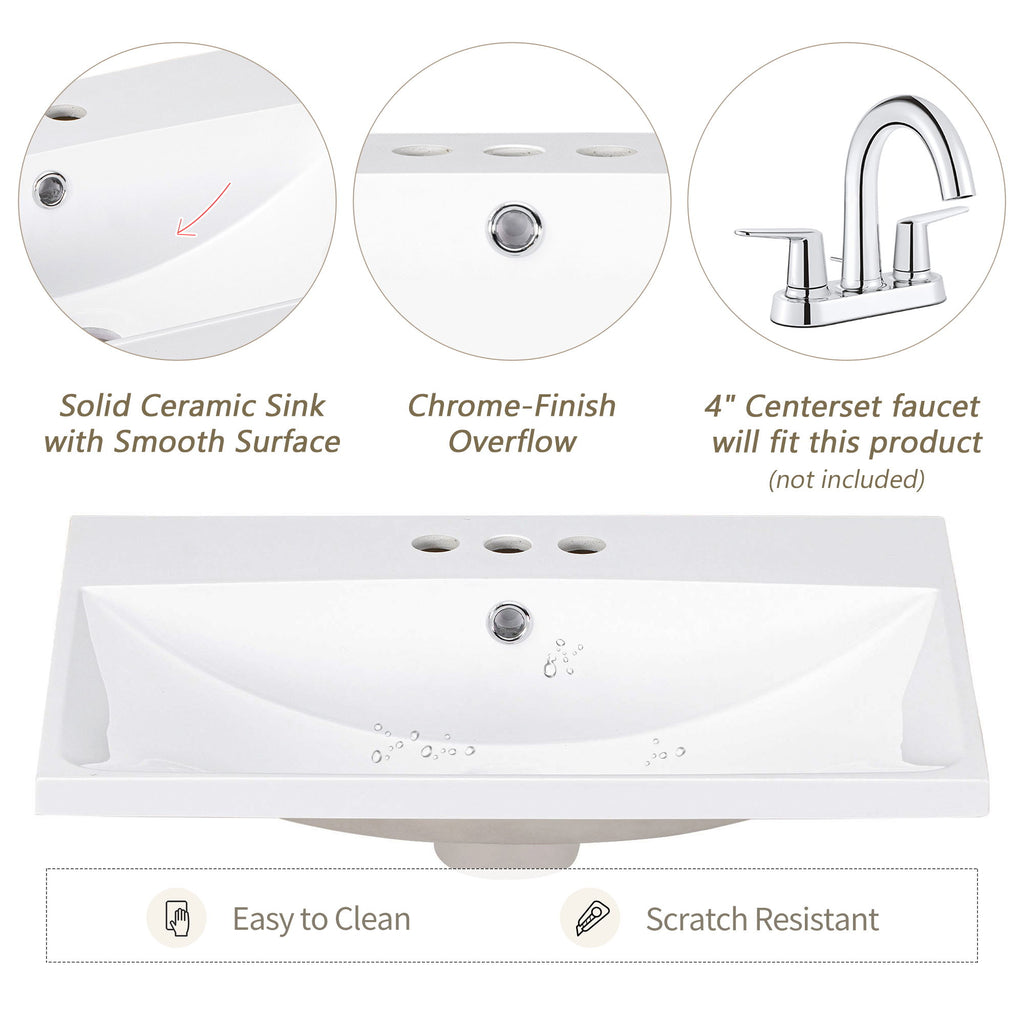 Bathroom Vanity Top, Rectangular Undermount Sink With 3 Faucet Holes, 4" Centerset Compatible - White