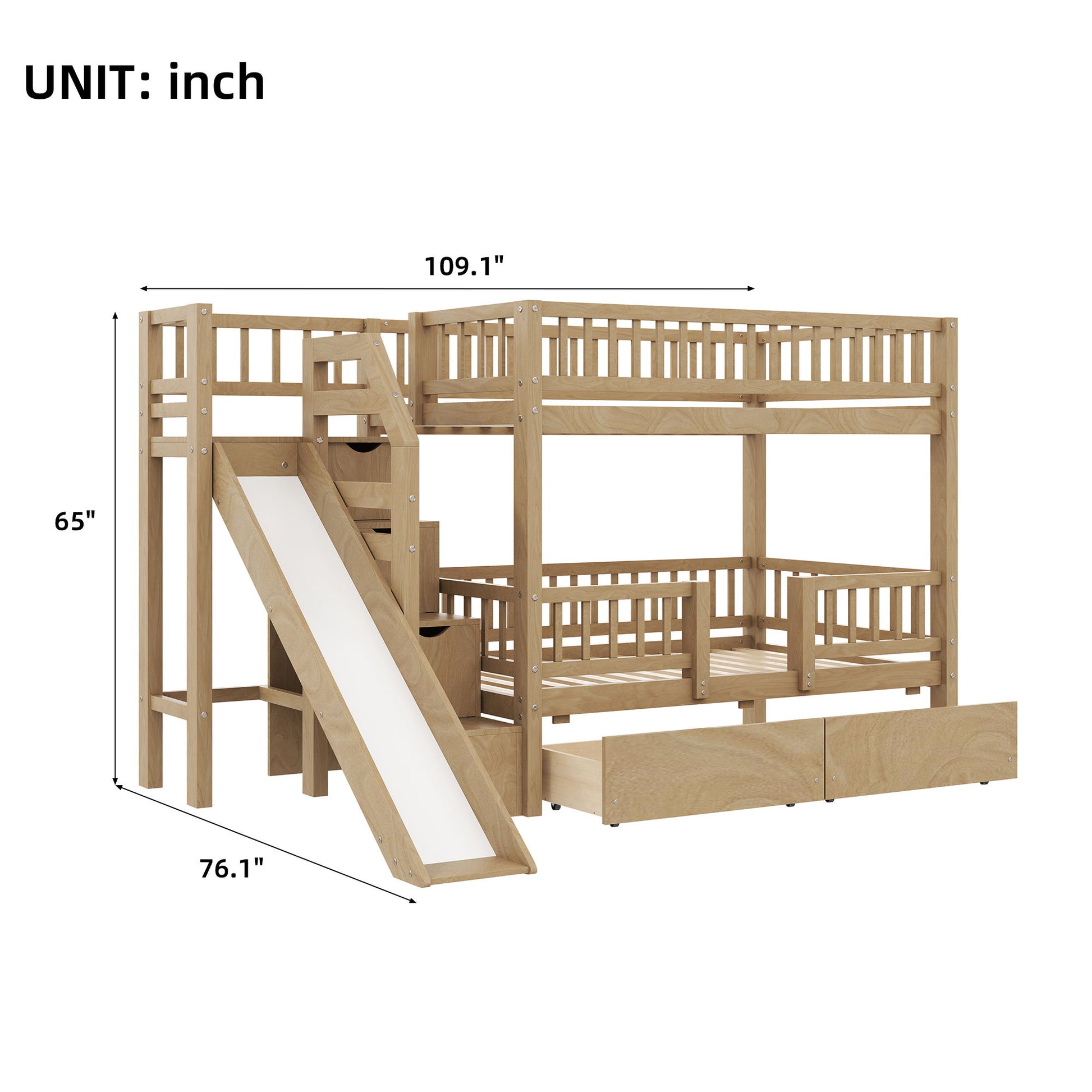 Bunk Bed With Storage Staircase, Slide And 2 Drawers