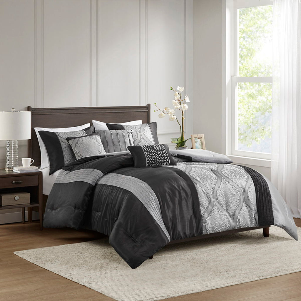 Lori - 6 Piece Jacquard Comforter Set With Throw Pillows - Black / Silver