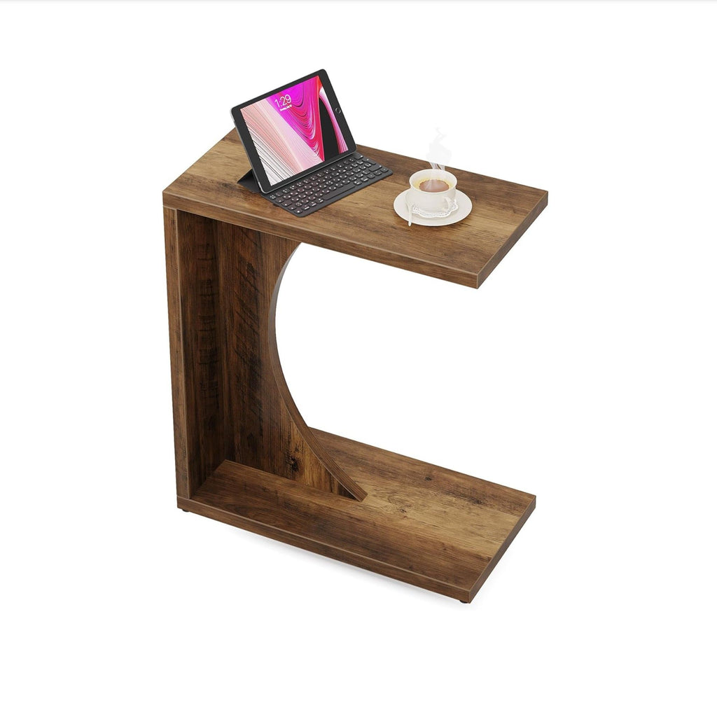 C - Shaped End Table For Couch - Rustic Brown