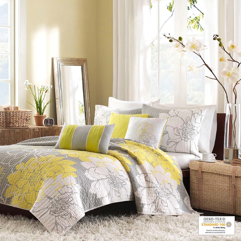 Lola - King 6 Piece Reversible Printed Coverlet Set - Yellow