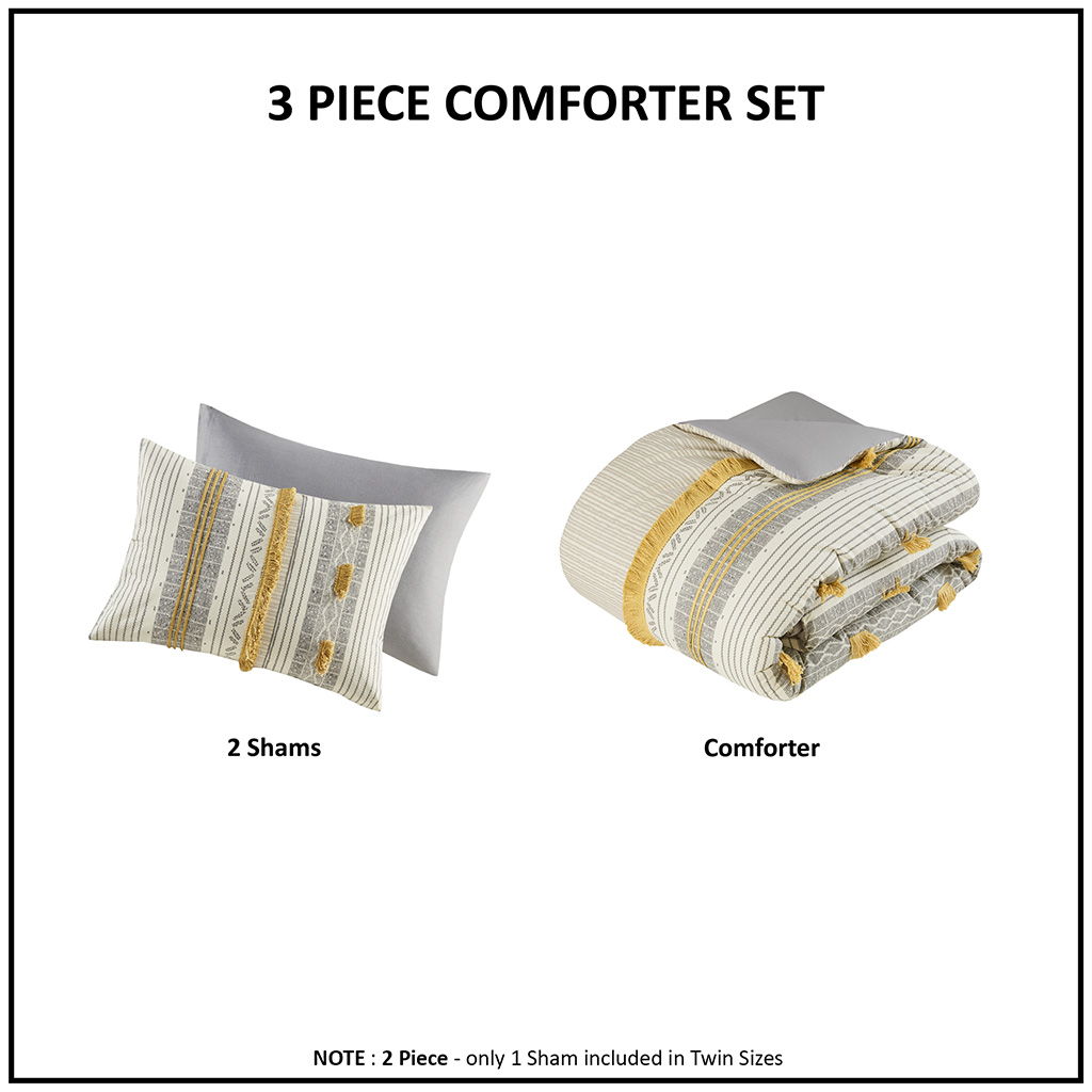 Cody - King 3 Piece Comforter Set - Gray / Yellow