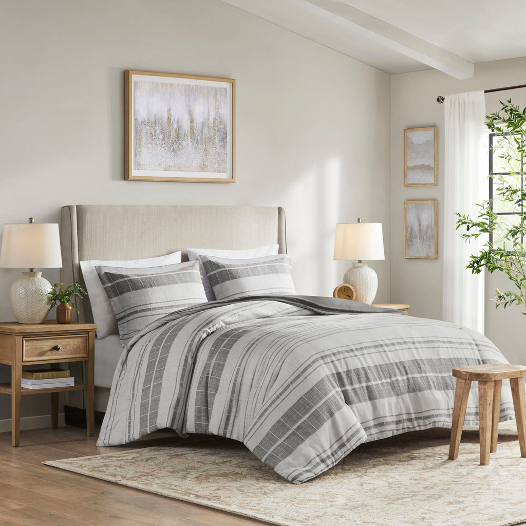 Rhodes - 3 Piece Stripe Duvet Cover Set - Gray / Multi