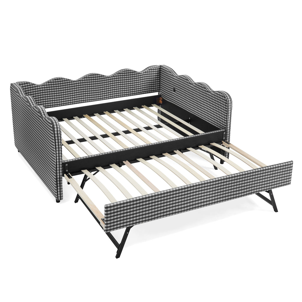 Gingham Daybed With USB Charging Port, Wave-Shaped Design