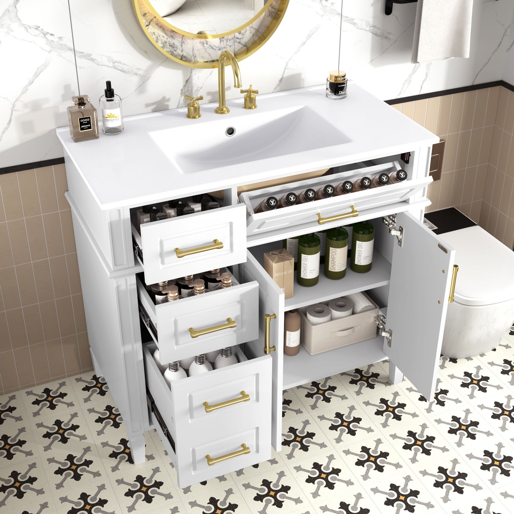 Bathroom Vanity With Sink, 4 Drawers (1 Flip Drawer), 2 Doors & Adjustable Shelf - White