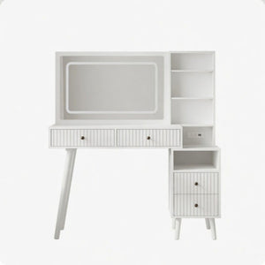 Fluted Vanity Desk With Lighted Mirror & Outlet 4 Drawer, Makeup Table - White