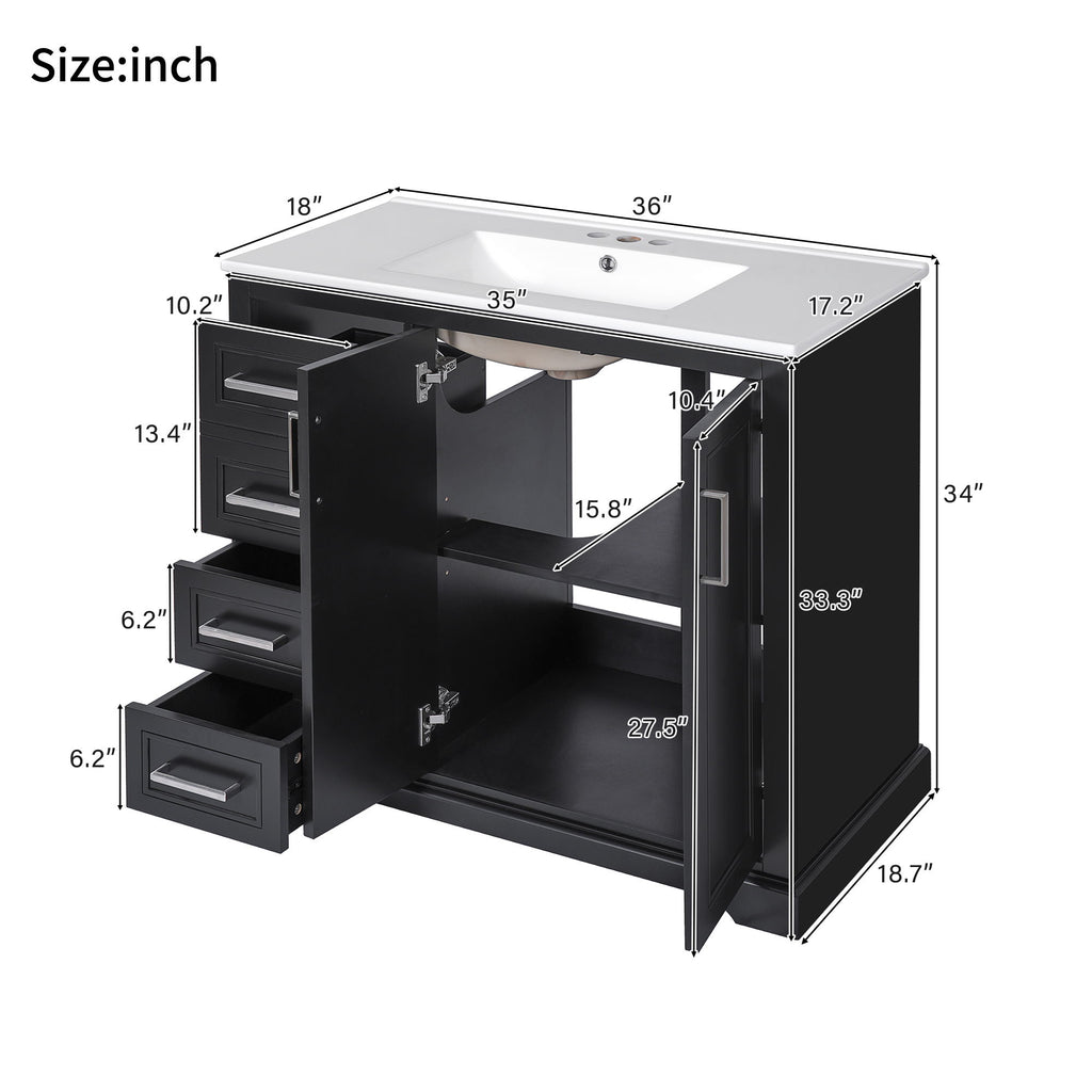 Bathroom Vanity With Sink, Soft Close Doors, Adjustable Shelf & 3 Drawers
