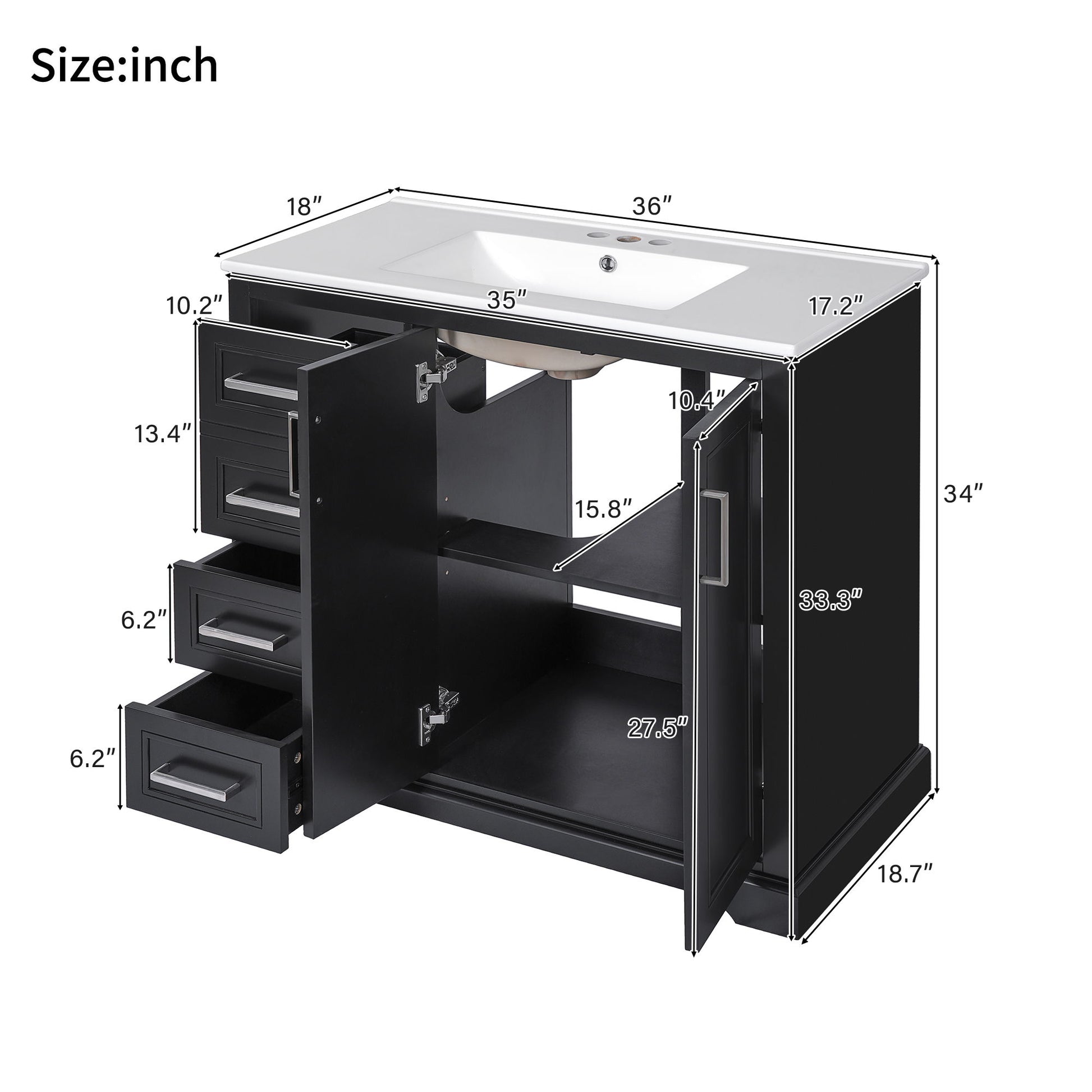 Bathroom Vanity With Sink, Soft Close Doors, Adjustable Shelf & 3 Drawers