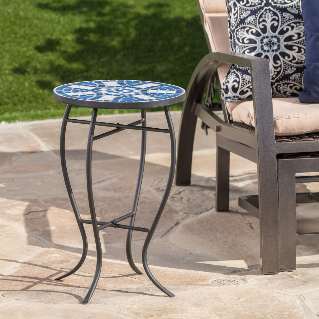 Outdoor Round Side Table With Mosaic Style Top And Curved Iron Legs - Blue / Matte Black