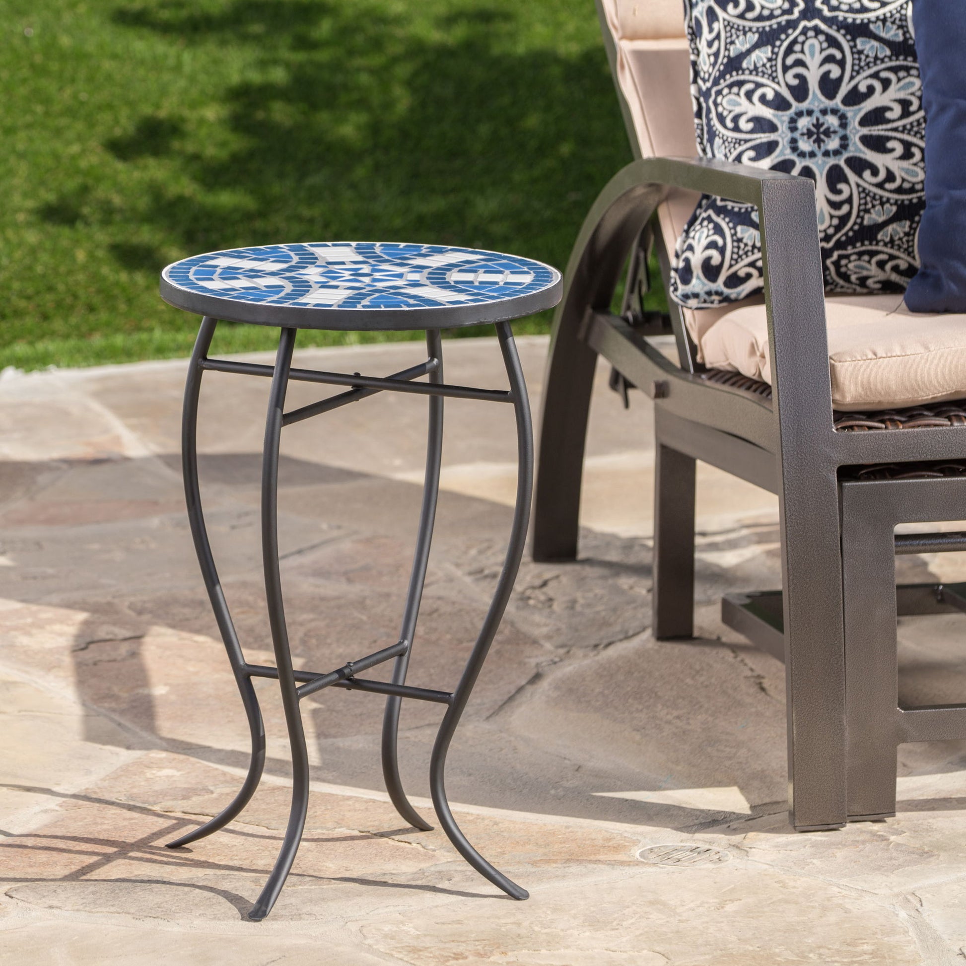 Outdoor Round Side Table With Mosaic Style Top And Curved Iron Legs - Blue / Matte Black