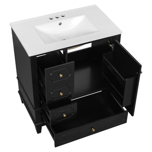 Bathroom Vanity With Sink, Freestanding Vanity Cabinet With Ceramic Basin, Soft Close Door, 3 Drawers
