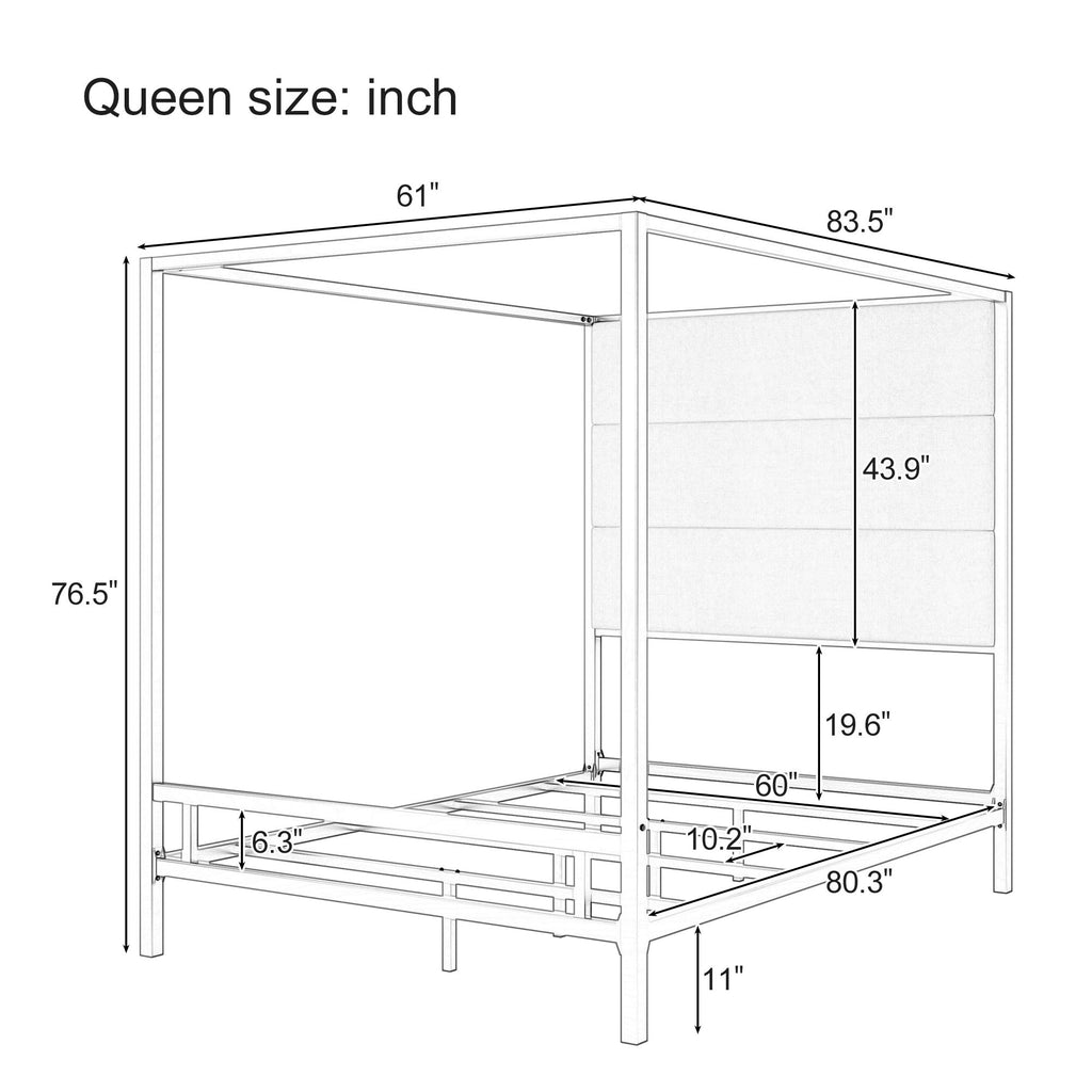 Canopy Bed With Tall Upholstered Headboard, 4 Poster Frame