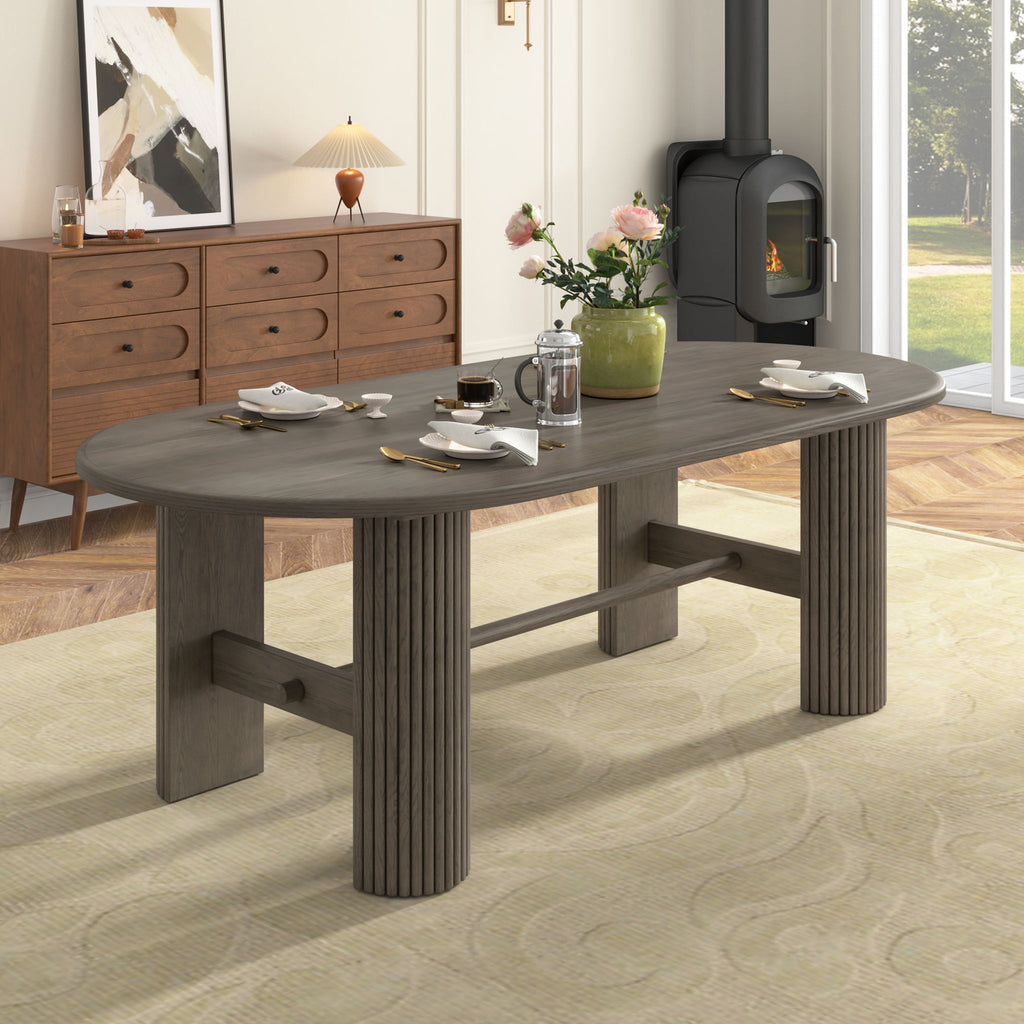 Oval Dining Table Set For 6 With Fluted Pedestal Base, 7 Piece Set Including 6 Upholstered Chairs