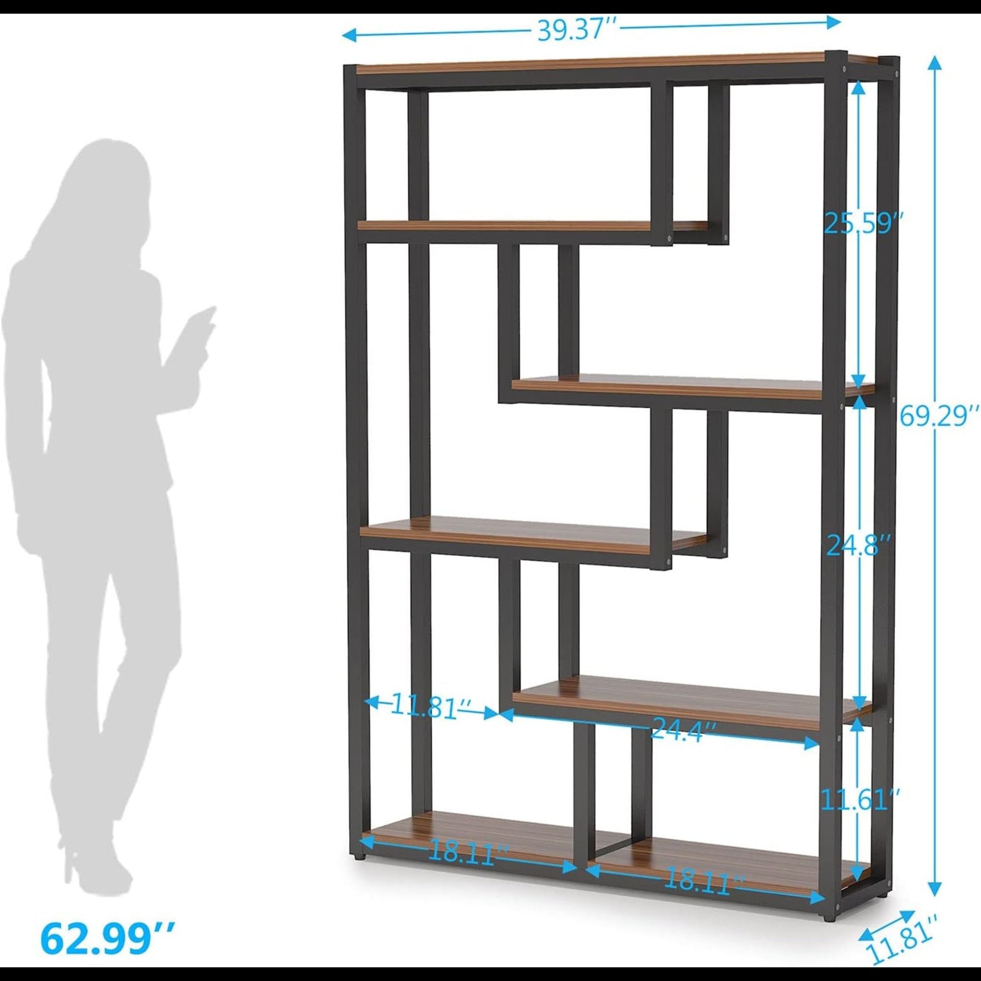 6 Tier Etagere Bookcase With Asymmetrical Shelves For Living Room