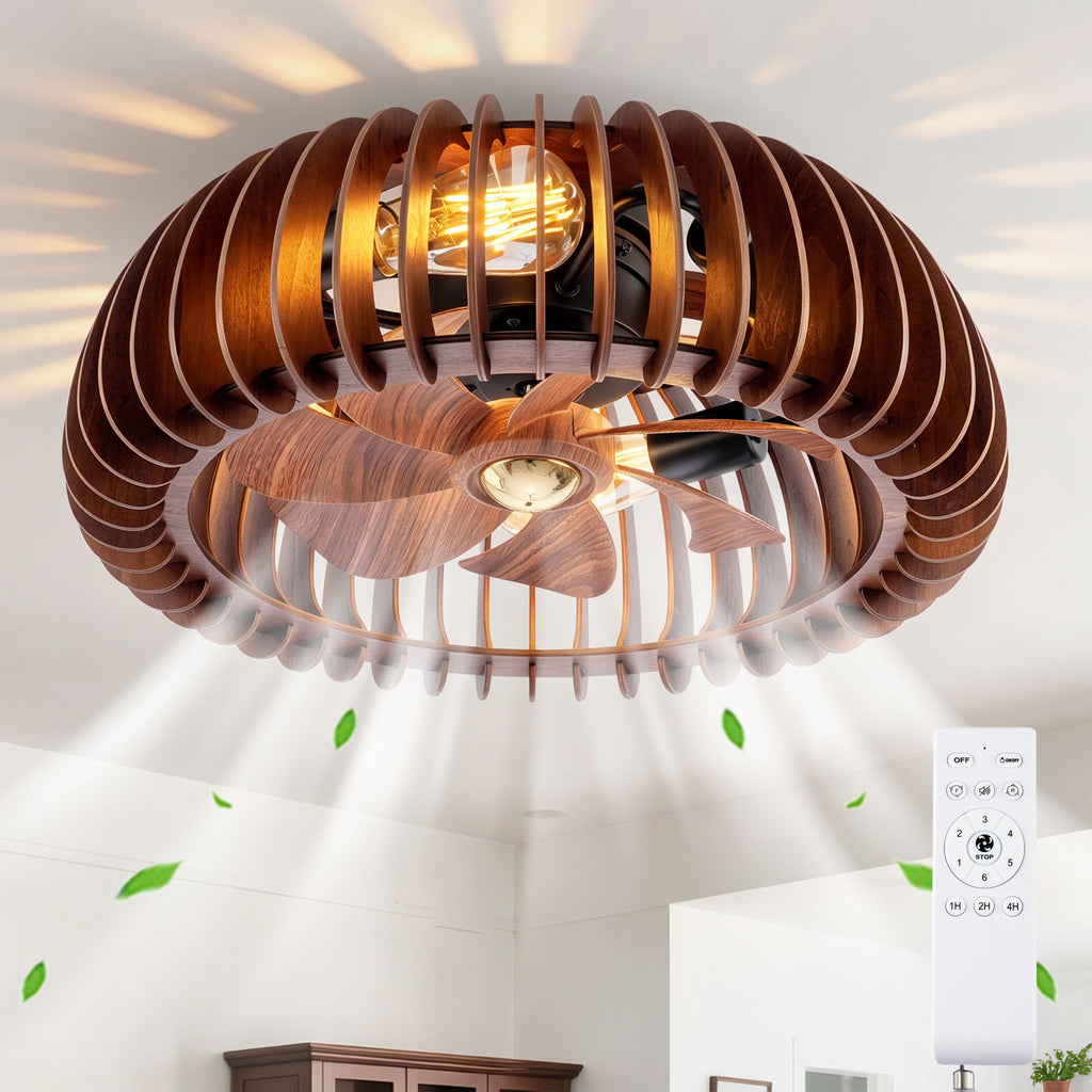 Semicircle Flush Mount Fan Light, (No Included Bulbs) And Remote Control, 6 Speeds, Quiet DC Motor For Living Room - Wood