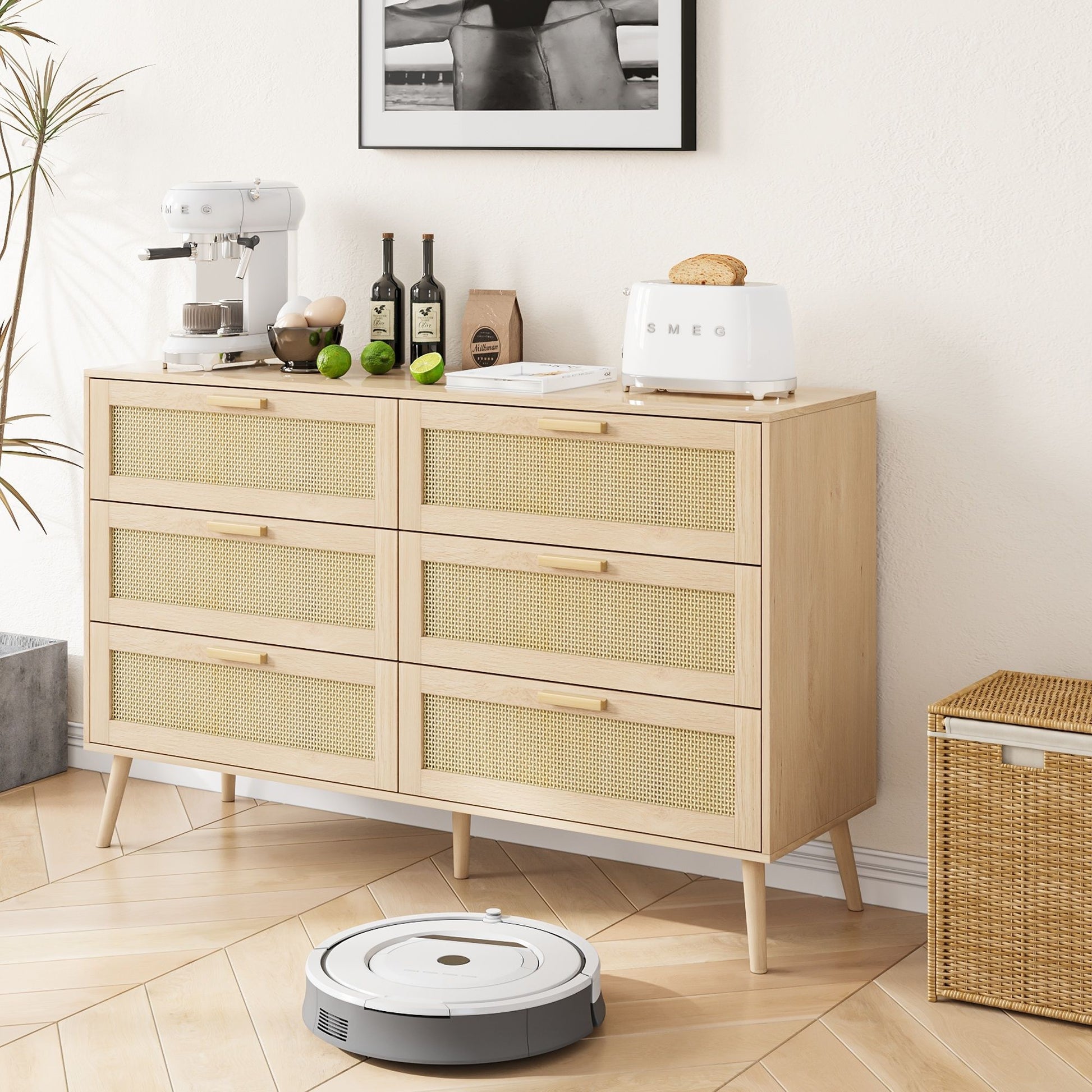 Rattan 6 Drawers Chest Of Dressers For Bedroom, Modern 6 Drawer Dresser, Wide Chest Of Drawers With Wood Handles, Rattan Dresser Storage Cabinet For Living Room, Bedroom, Hallway - Natural Wood / Oak