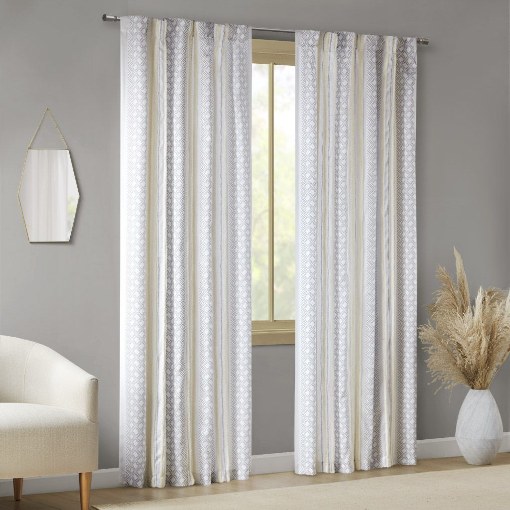 Ebby - Poly Printed Curtain Panel With Tufted Stripe (Set of 2) - White/Taupe