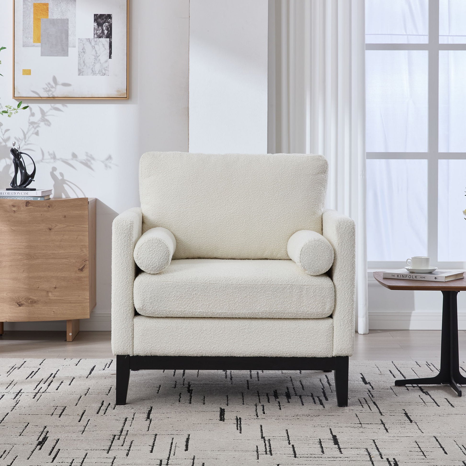 Wide Modern Farmhouse Performance Accent Chair With Legs, Wood Base