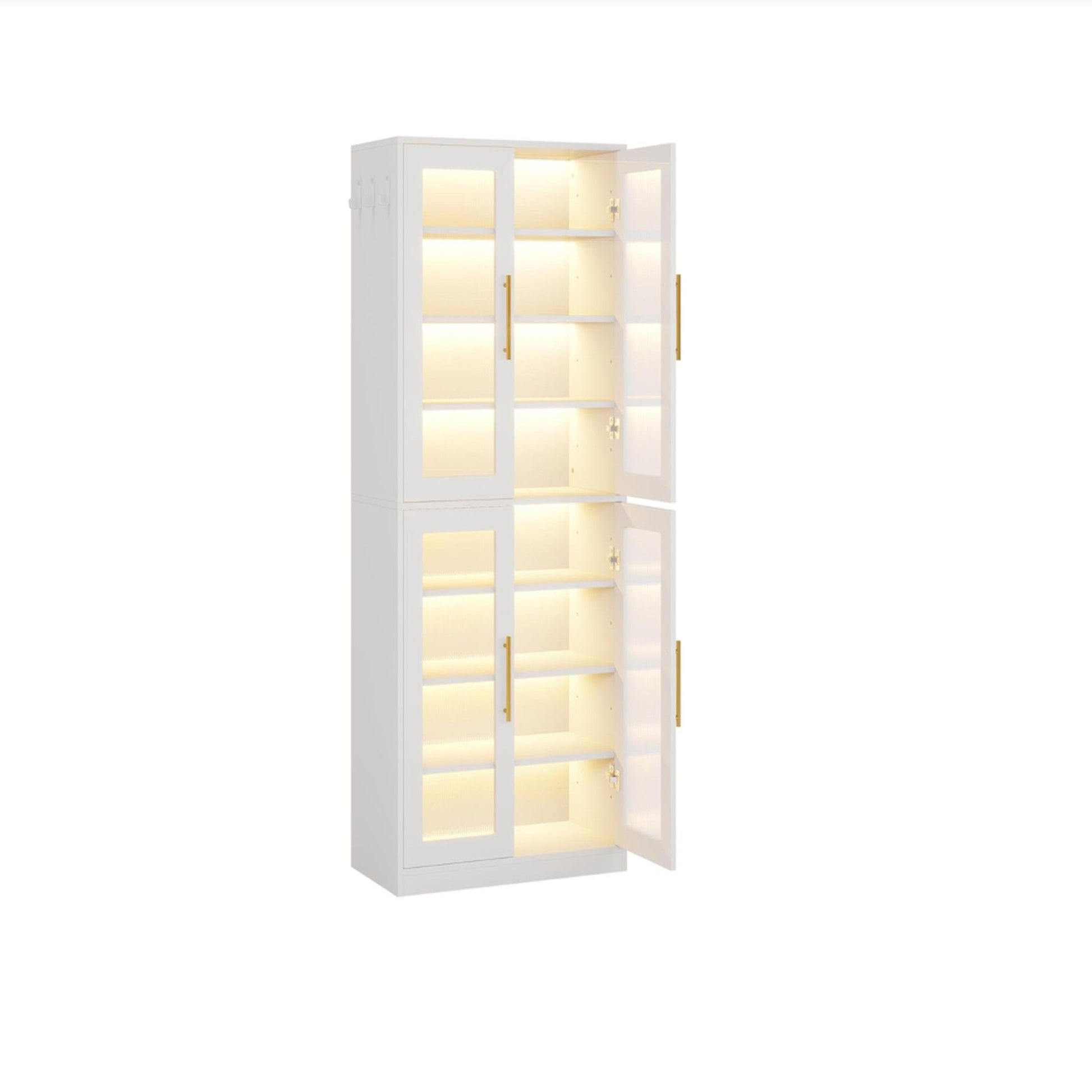 Bookcase With Doors And LED Lighting, 8 Adjustable Shelves Storage Cabinet
