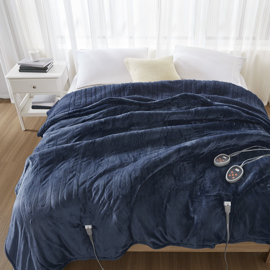 Heated Microlight to Berber - Queen Blanket - Indigo