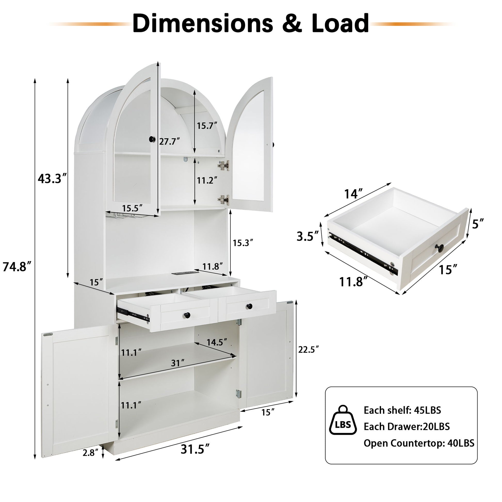 Tall Arched Pantry Cabinet With Charging Station, Adjustable Shelves, Coffee Bar