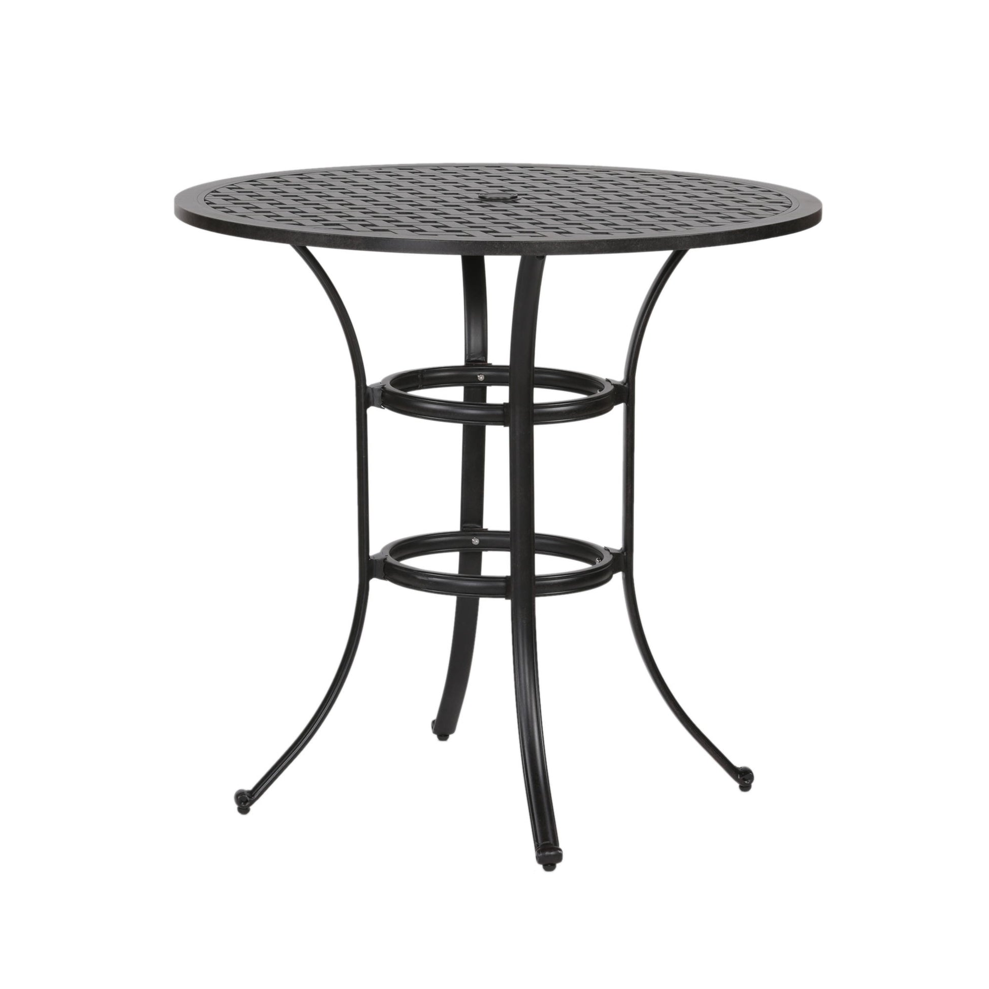 Cast Aluminum Round Counter Table With Lattice Design And Umbrella Hole - Dark Lava Bronze