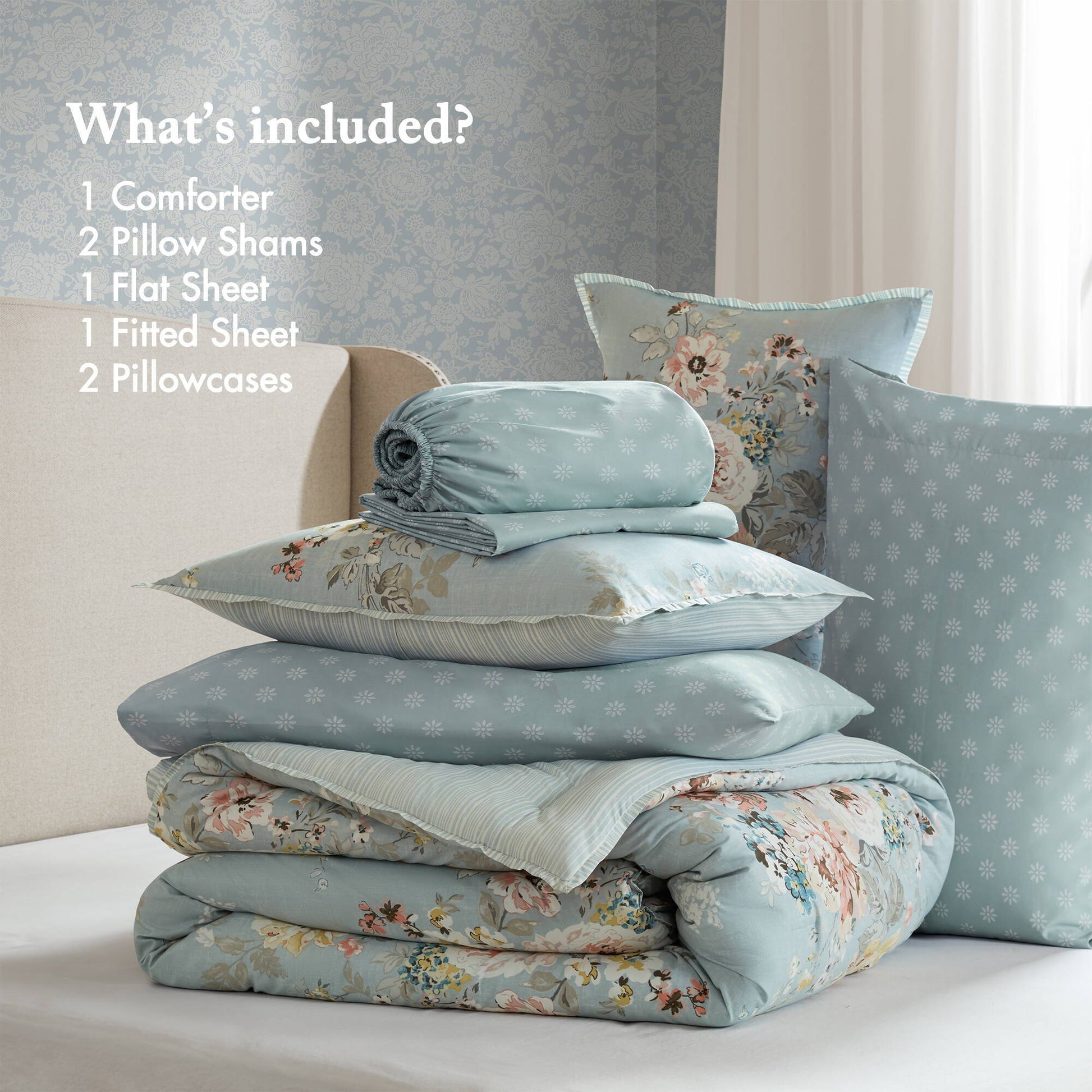 Heather - Twin Long 5 Piece Vintage-Inspired Floral Print - Soft Blue