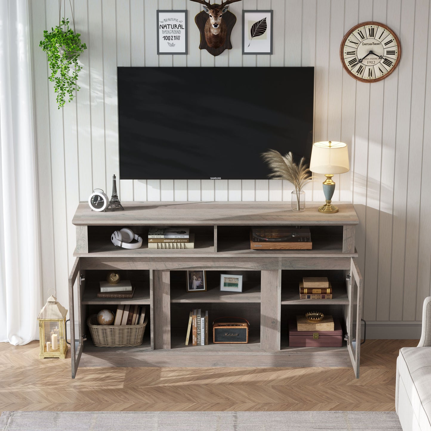 58.27" TV Stand With Storage Cabinet And Shelves, TV Console Table Entertainment Center For Living Room, Bedroom - Gray