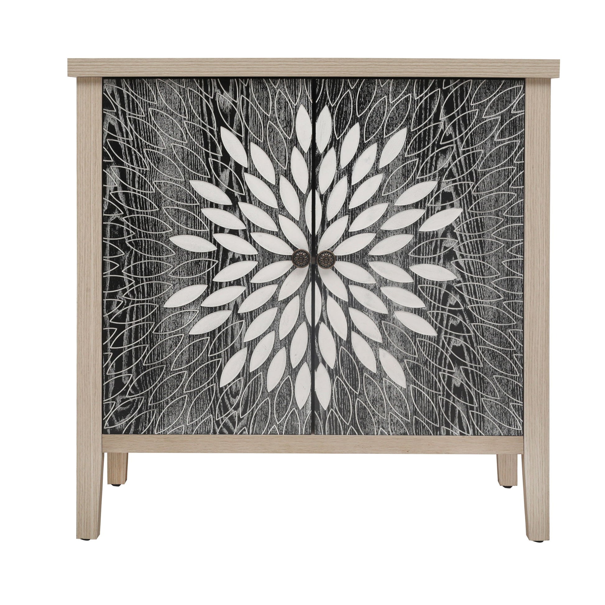 2 Door Carved Storage Cabinet With Adjustable Shelf, Accent Furniture