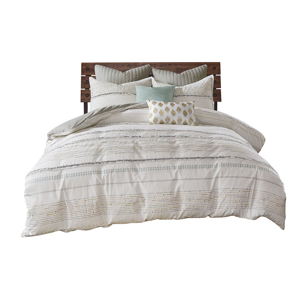 Nea - King Printed Duvet Cover Set With Trims - Off White / Gray