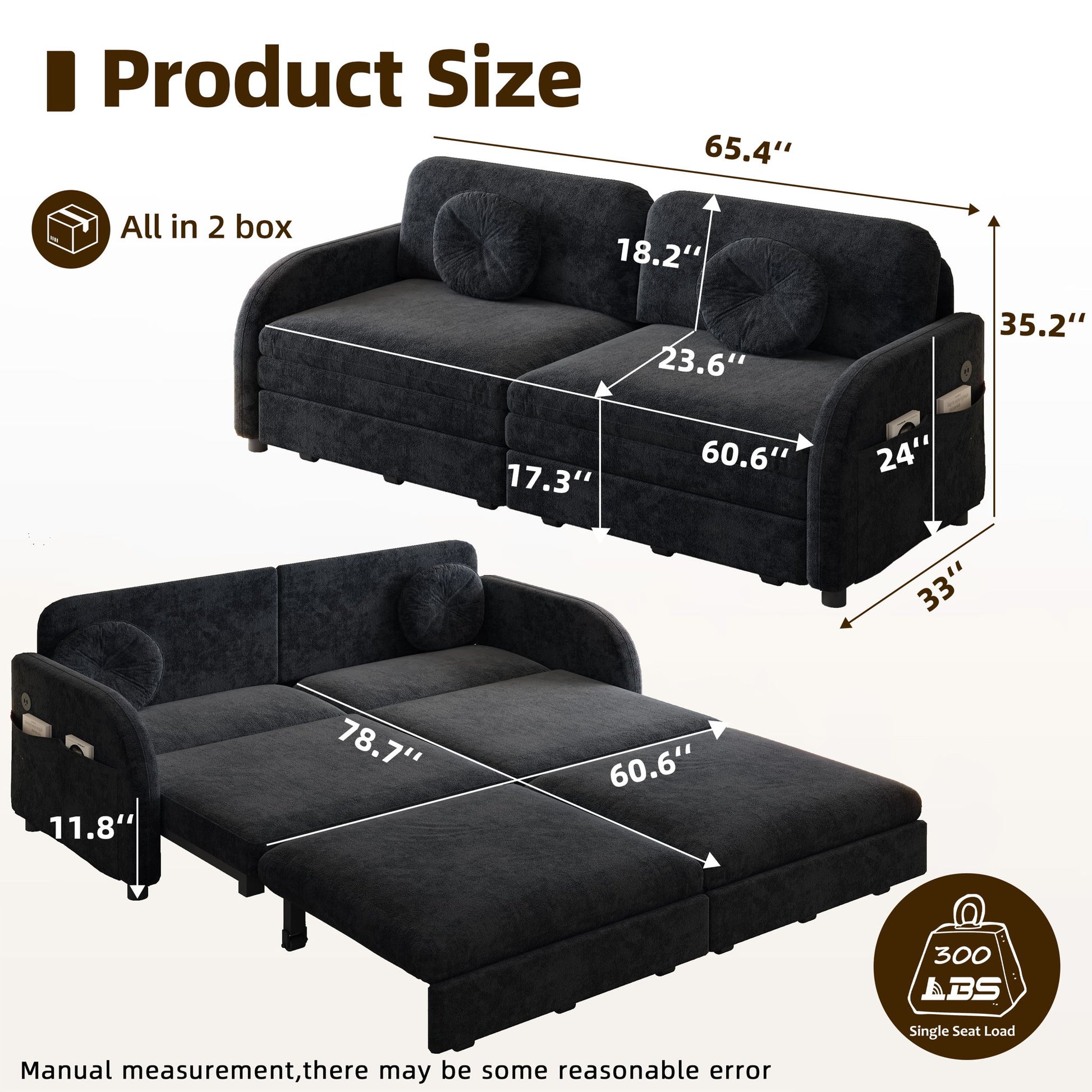 Upholstered Pull Out Couch With Side Pocket & USB Port