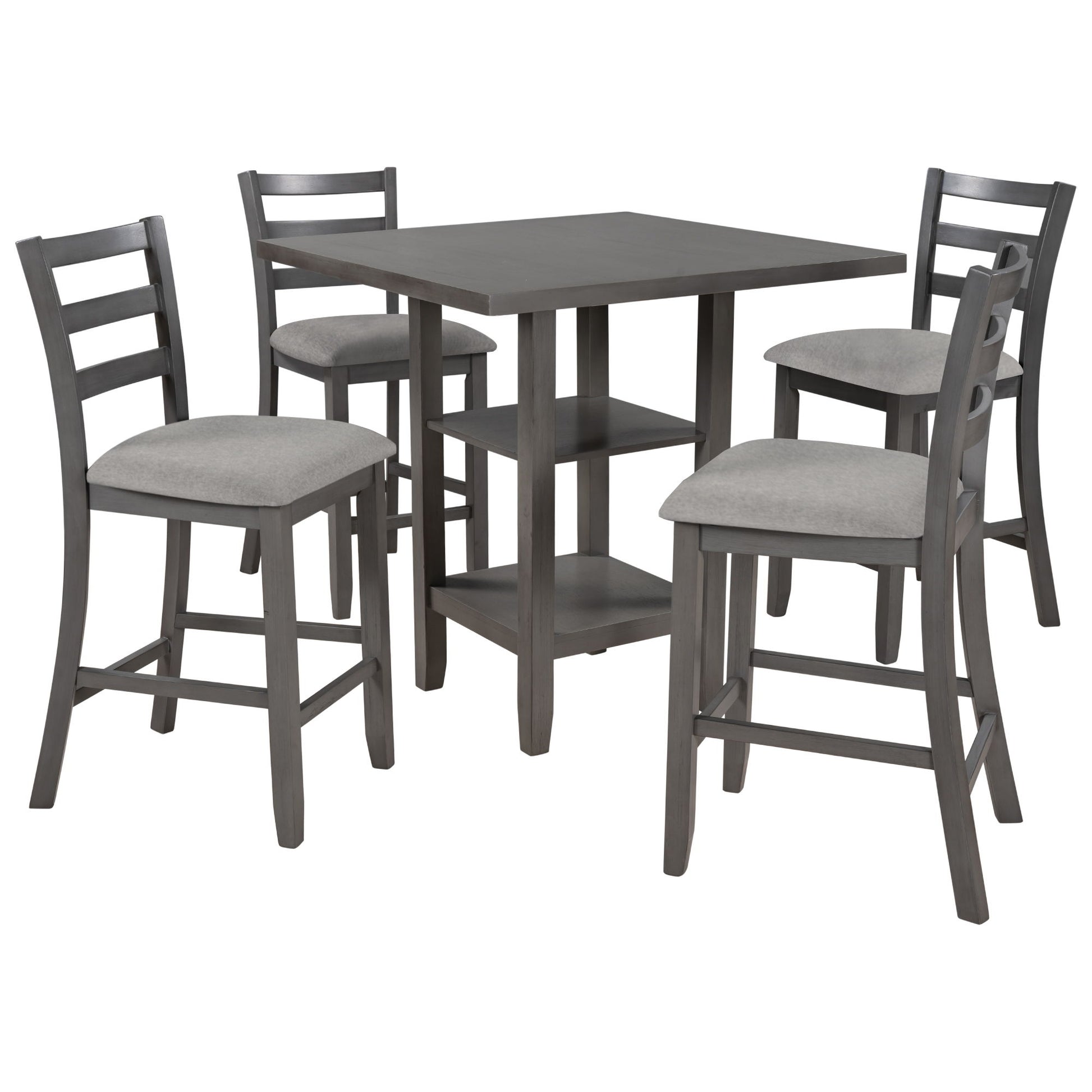 5 Piece Wooden Counter Height Dining Set With Padded Chairs, Storage Shelving